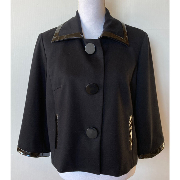 Sandro Knit Viscose Black Jacket Sz L Womens Black Patent Trim Stretch - Picture 1 of 7